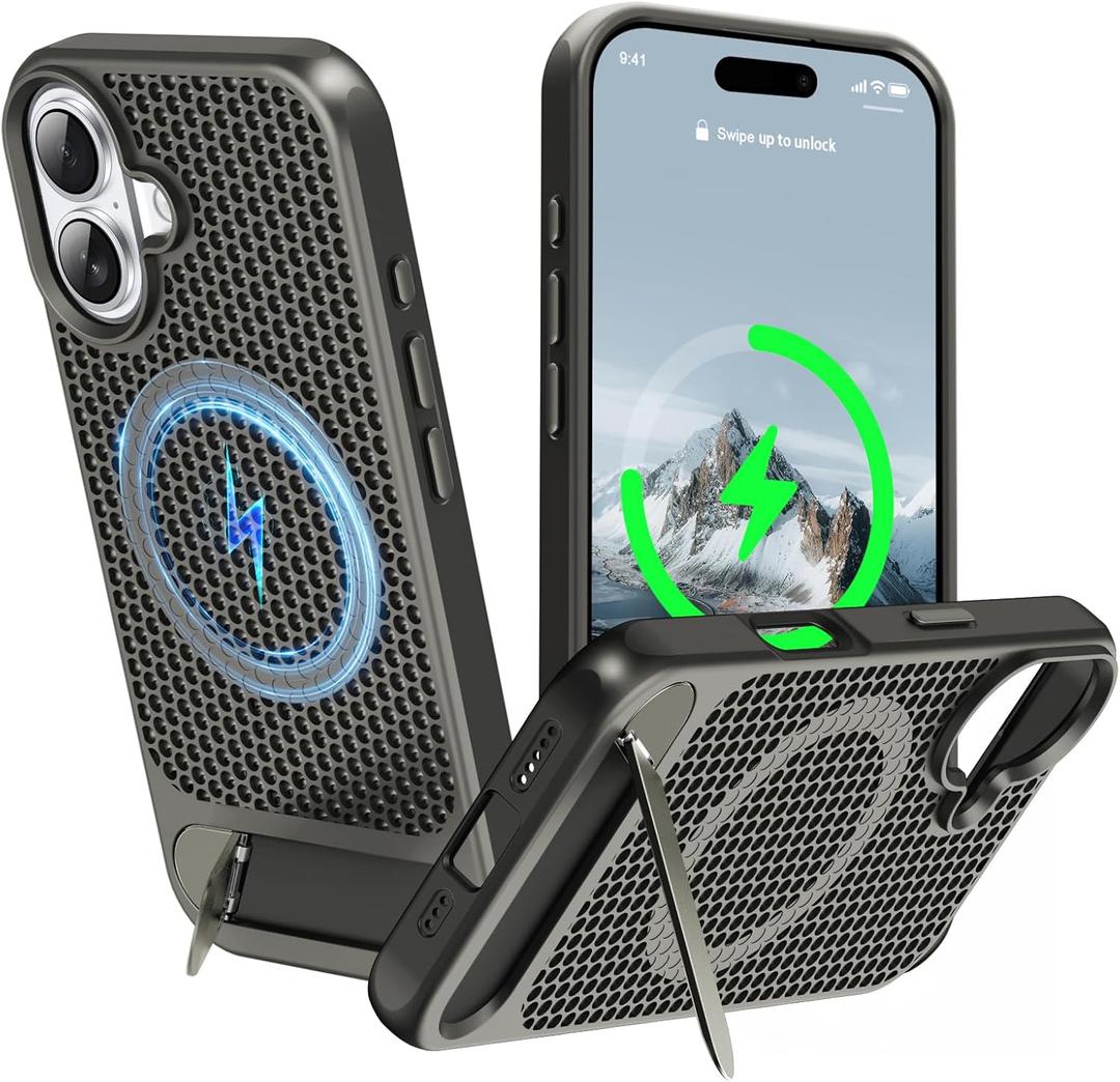 for Magnetic Heat Dissipatio case for iPhone 17, for MagSafe, Cooling Drop Protection, Adjustable Kickstand case, Ice Armour Cool Matte Material - Grey