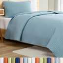 Quilt Set Twin Size - Boho Bed Set, Striped Stitch - Dusty Blue, 68" x 86" | 2 Piece Quilt Set, Lightweight Bedspread for All Seasons, Soft, Breathable & Comfy, Summer Quilted Coverlet w/ 1 Pillow Sham