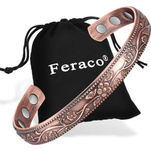 Feraco Copper Bracelet for Women, Ultra Strength Magnetic Bracelets, 99.99% Pure Copper Cuff Bangle with 3500 Gauss Neodymium Magnets, Adjustable, Vintage Flower Collection