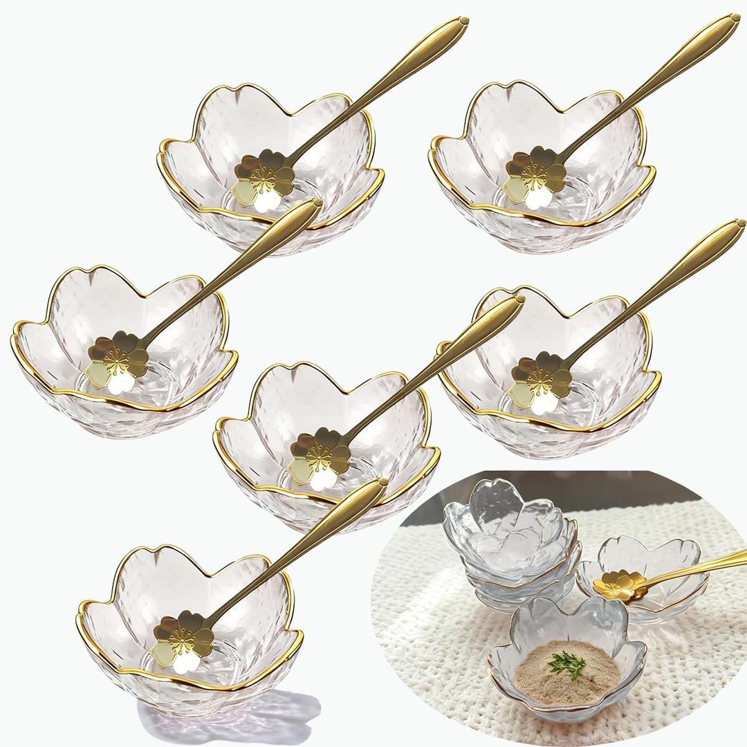 6 Pcs Clear Sakura Sauce Dishes Set with Gold Trim, 3.3" Glass Cherry Blossom Dipping Bowls with Metal Spoons, Small Condiment Dishes for Soy Sauce, Sushi, Snacks, and Party Appetizers
