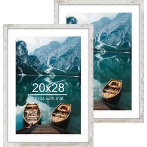 Hongkee 20x28 Picture Frame, Distressed White Wood Style - Display Posters 16 x 24 with Mat or 20x28 without Mat, Wall Mounting Horizontal and Vertical, 2 Pack