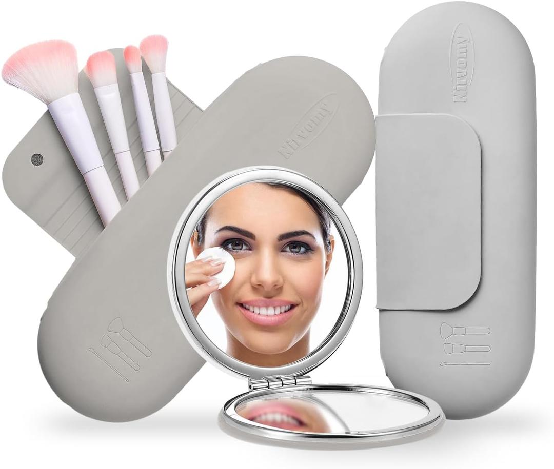 Travel Makeup Brush Holder & Pocket Mirror, Silicone Makeup Brush Organizer, Dirt-Resistant Easy to Clean Makeup Brush Bag with Anti-Fall Out Magnetic Closure (Ivory)