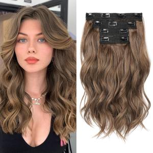 REECHO Clip in Hair Extensions - 14" Short Beach Wavy Hairpieces - Invisible Lace Weft - Natural Soft - Light Brown