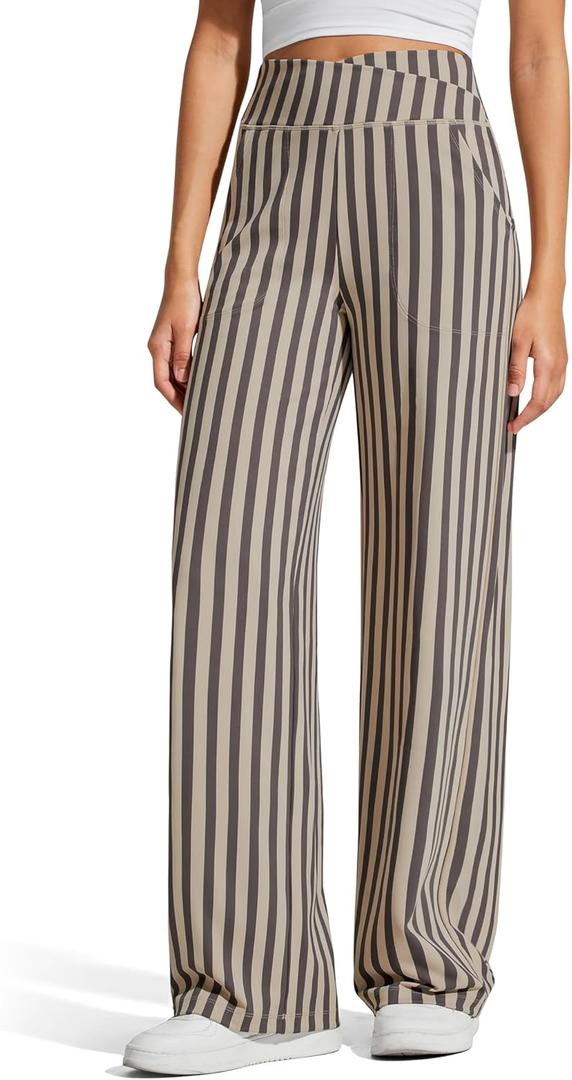 G4Free Wide Leg Pants for Women Loose Yoga Pants with Pockets Petite/Regular/Tall Stretch Casual Lounge Pants (Large, Khaki Stripe)