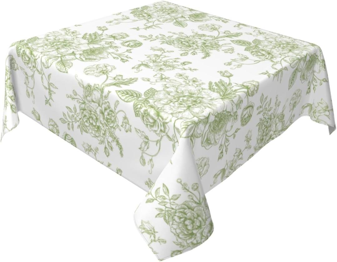 Sage Green Floral Tablecloth 60x60 Inch Square Vintage Chinoiserie Flower Green Toile Table Cloth Spring Decorative Polyester Stain Resistance Table Cover for Party Picnic Kitchen Decor