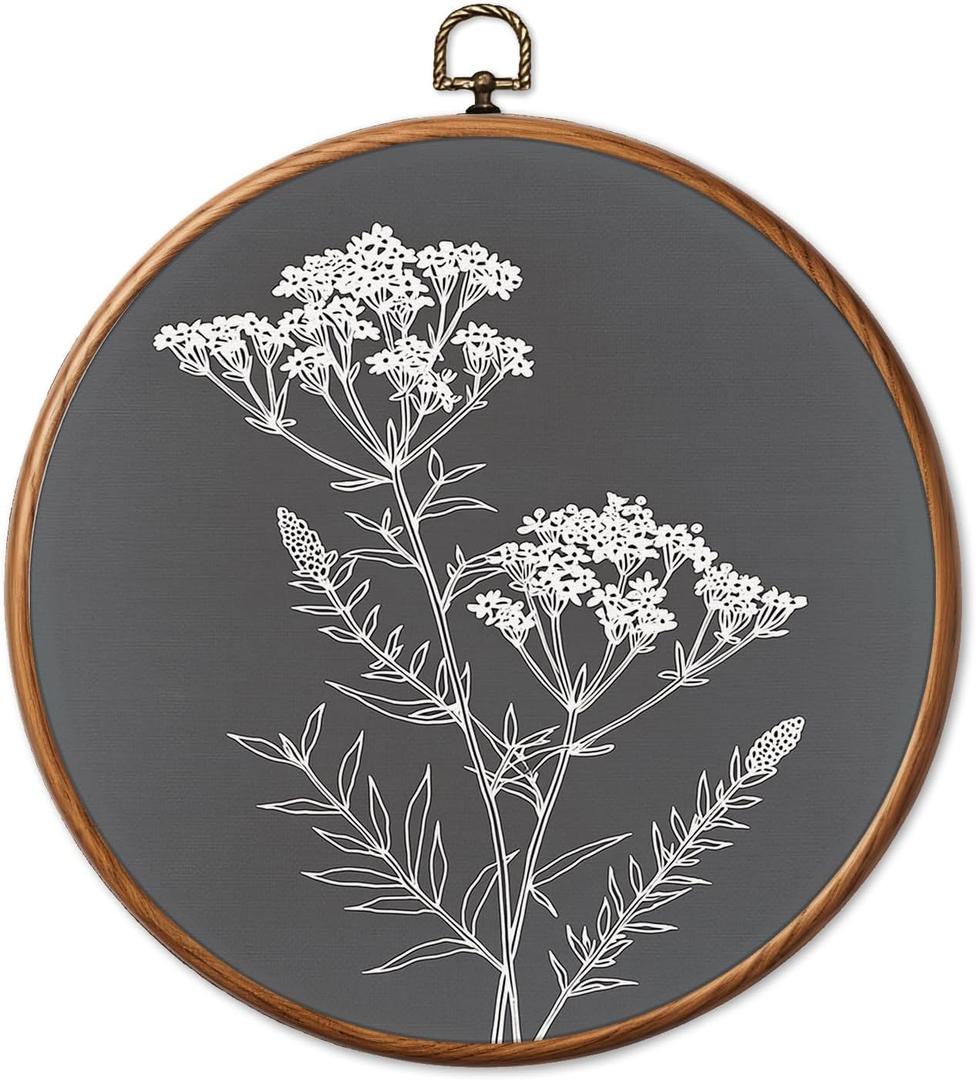 Chicimln Dark Gray Flower Round Wall Art Framed Canvas Prints, Neutral Rustic White Floral Botanical Circle Wall Hanging Decor for Bedroom Living Room Home Office 10x10 Inch