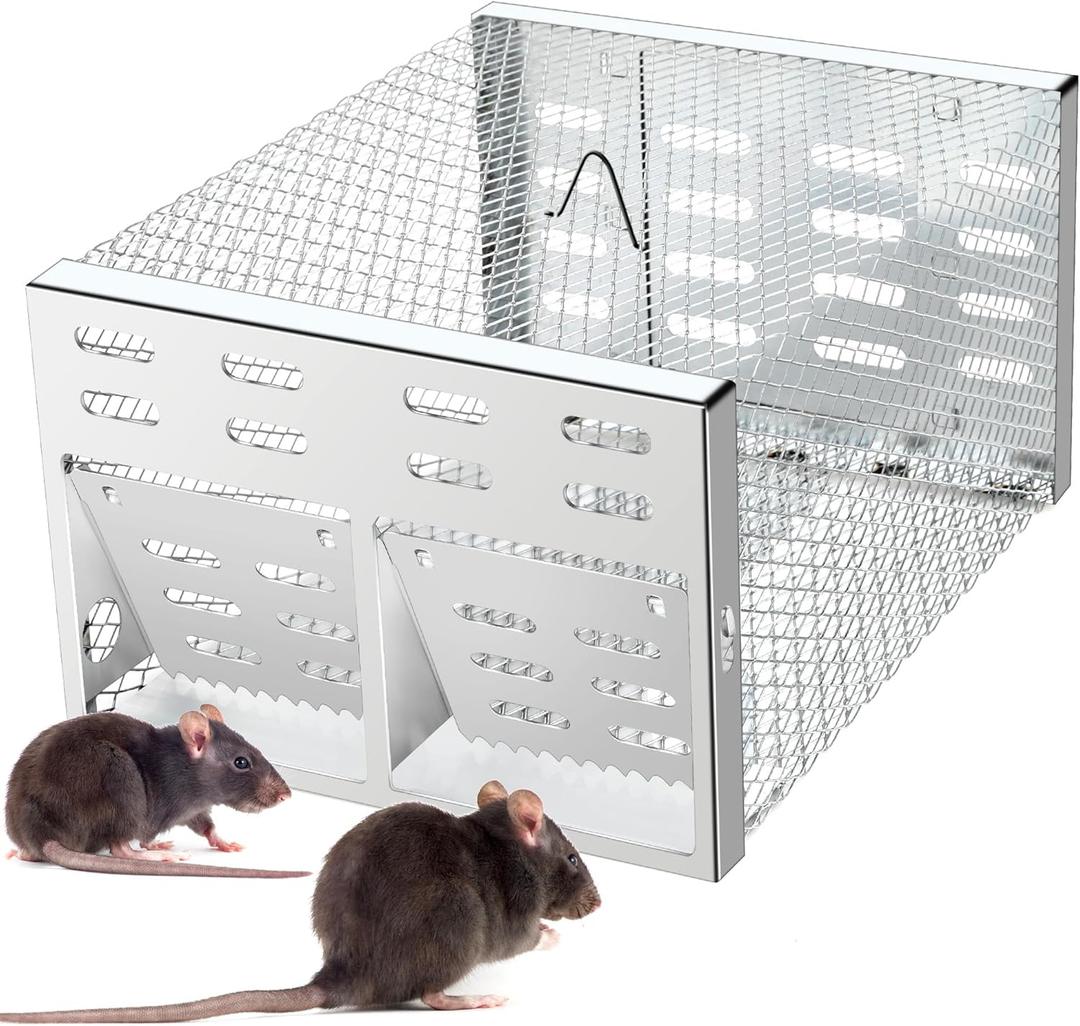 Humane Rodent Trap for Indoor & Outdoor Use - Automatic Multi-Catch Metal Cage with Double One-Way Doors, Reusable Safe Trap for Mice, Chipmunks & Small Animals