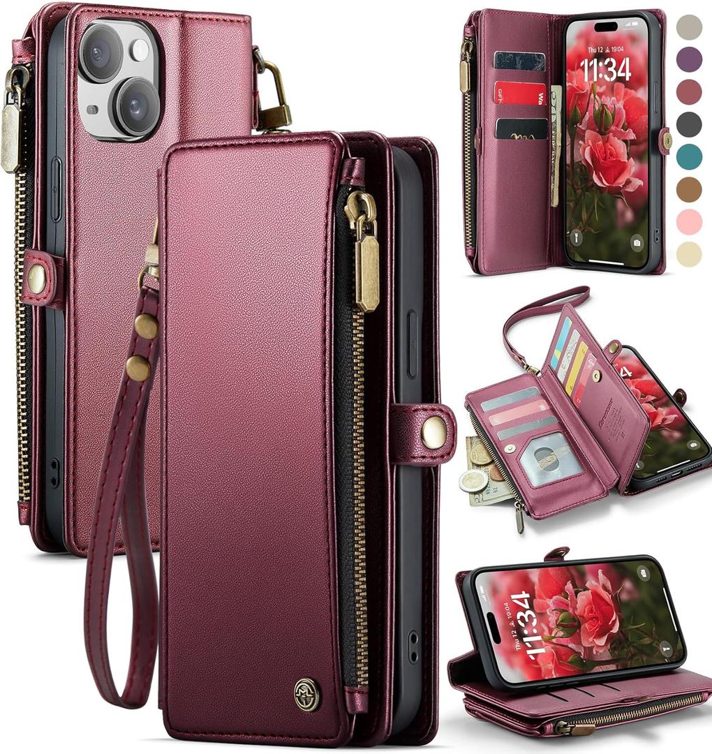 Defencase Compatible with iPhone 15 Plus Case Wallet with RFID Blocking Card Holder for Women Men, PU Leather Magnetic Snap Flip Zipper Strap Wallet Phone Case Fit for iPhone 15 Plus 6.7", Wine Red