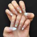 2 x White French Tip Medium Almond Handmade Press On Nails | Daily Minimal Elegant Style, Metallic Embellishments, Full Cover Thick Acrylic Reusable False Nails For Women, 10PCS M