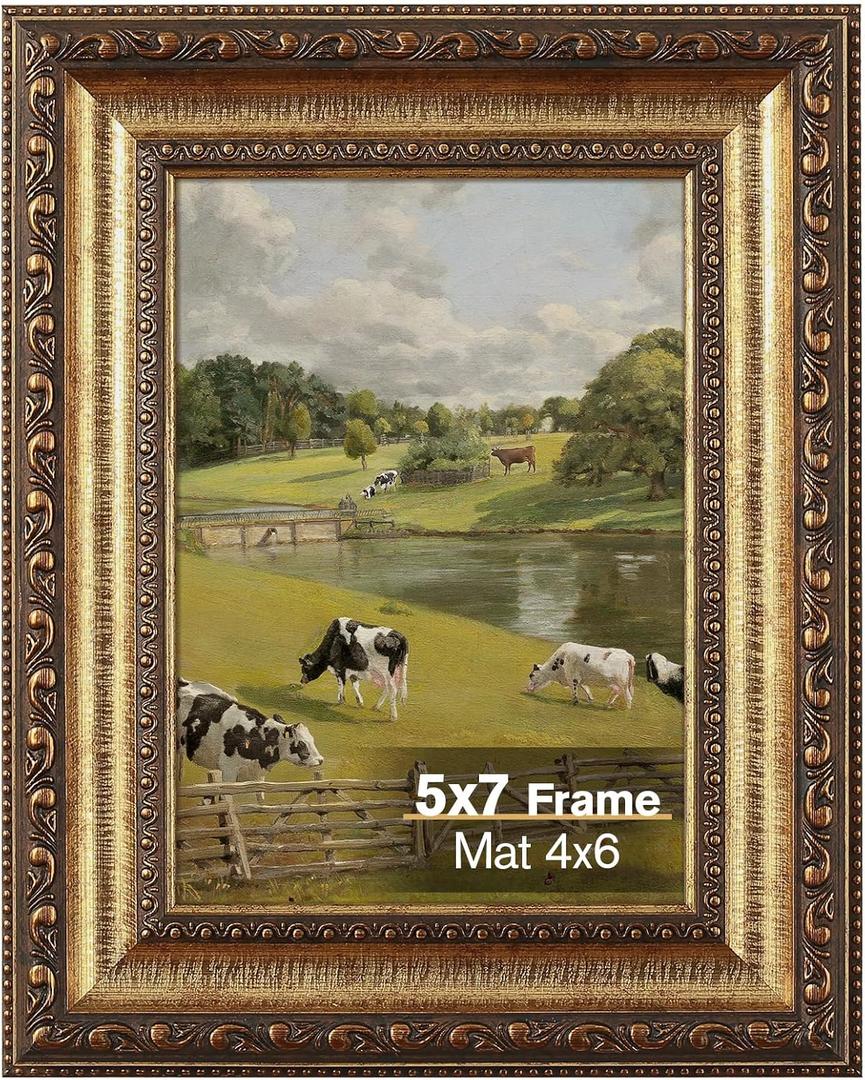 Splinterix 5x7 Gold Picture Frame, Ornate Vintage Picture Frames for Wall or Tabletop Display, 5x7 Photo Frame Gold with Real Glass, Display Poster 4x6 with Mat or 5x7 without Mat for Antique Dco