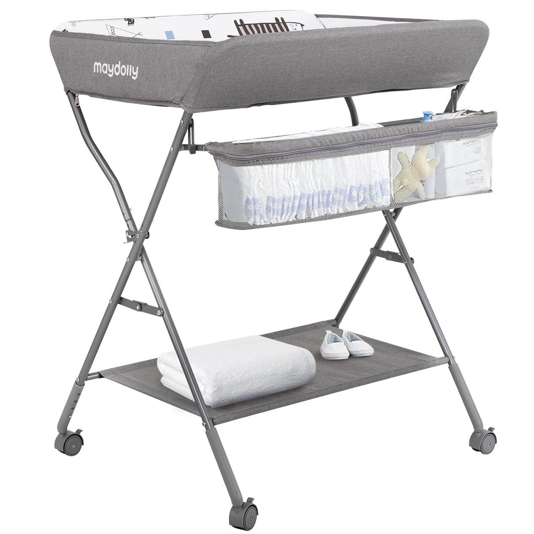 Baby Changing Table with Wheels, Maydolly Portable Adjustable Height Folding Diaper Station with Nursery Organizer & Storage Rack for Newborn Baby and Infant (Light Grey) (Light Grey)