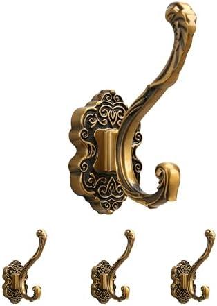SDH Antique Brass Coat Hooks – Heavy Duty Wall Mounted – Vintage Decorative for Coats, Towels, Keys & Purse – Rust Resistant & Easy Installation Kit Included - Pack of 4