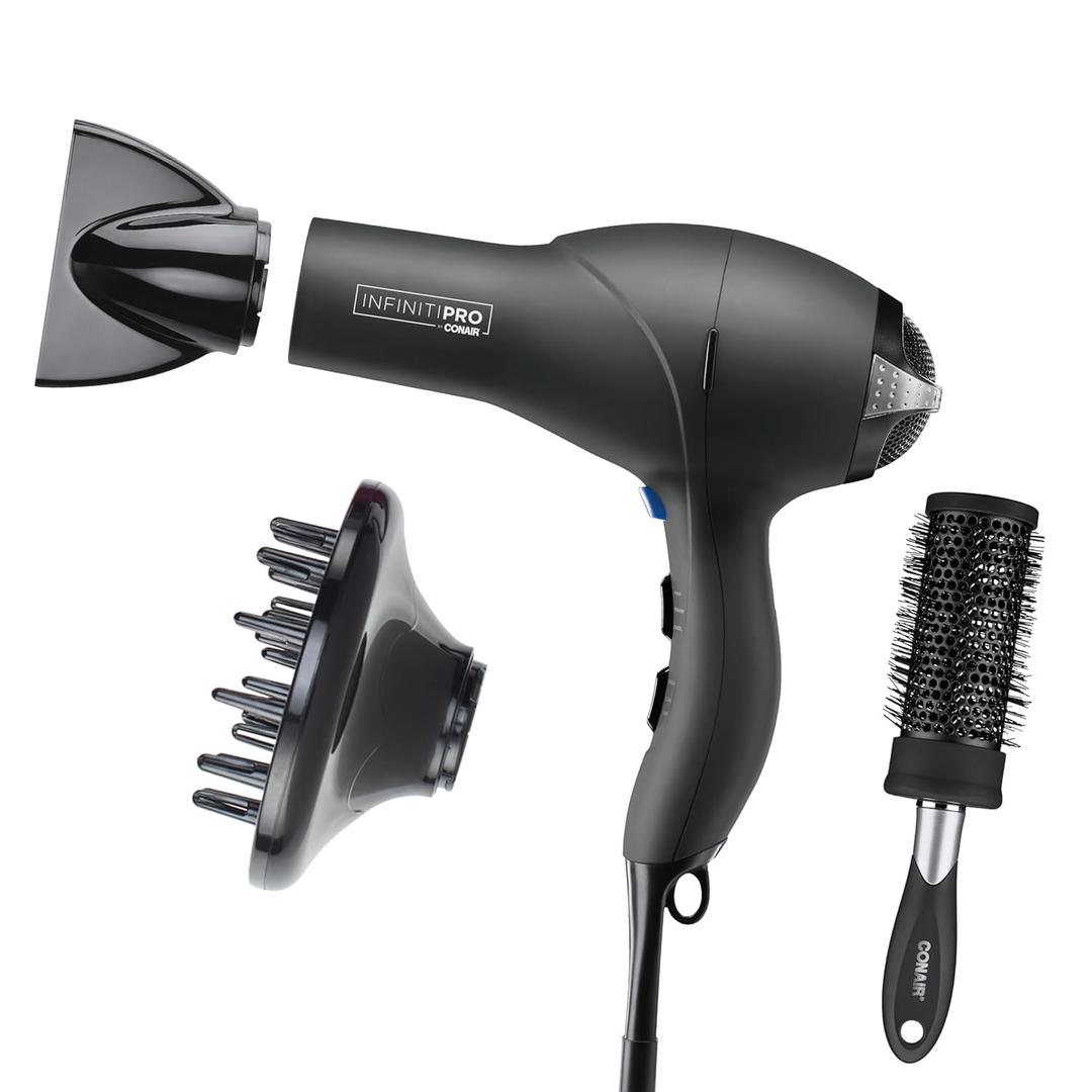 Infiniti PRO CONAIR Hair Dryer with Diffuser, Professional AC Motor, Tourmaline Ceramic Technology Blow Dryer, Includes Concentrator and Blowout Brush Gray