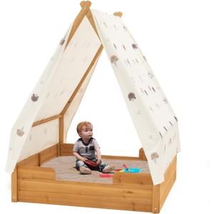 BIRASIL Triangular Wooden Sandbox with Canopy for Aged 3-8 Years Old, Sand Boxes for Backyard Garden, Sand Pit for Beach Patio Outdoor,Indoor and Outdoor Triangular Play Tent