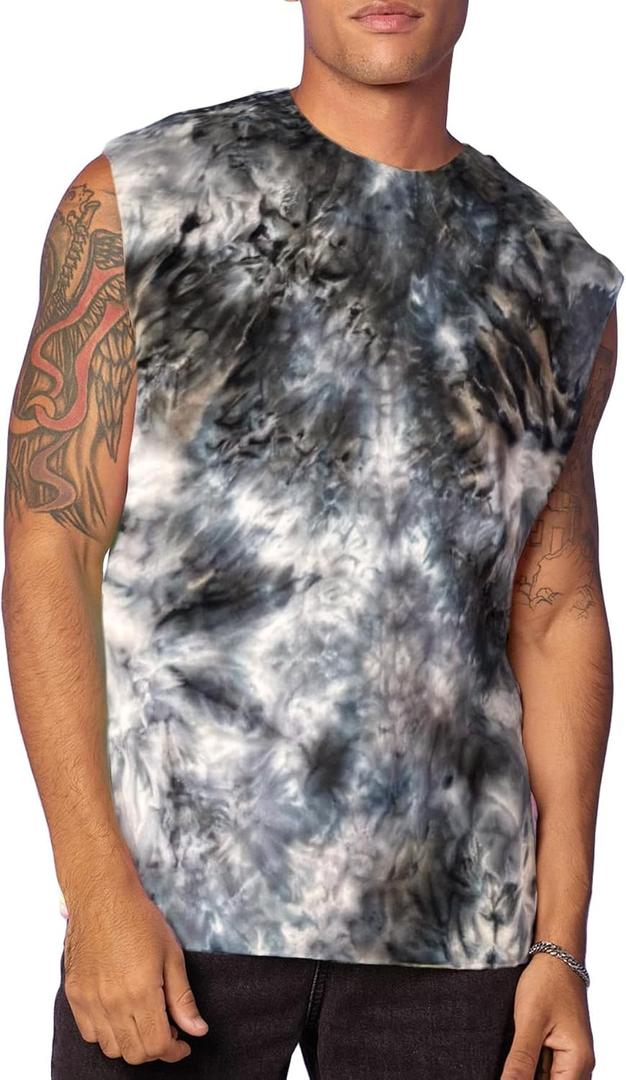 Verdusa Tie Dye Shirt Men Y2k Crop Tank Top Sleeveless Graphic Casual Muscle Shirt (L)