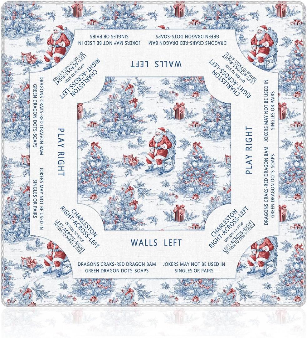 Red and Blue Chinoiserie Christmas Mahjong Mat 31.5 x 31.5 in, Grandmillennial Christmas Tree Santa Anti Slip and Noise Reduction Game Table Cover for Mahjong Dominoes Card Board Tile Games, 31.531.5