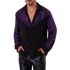 Men's 70s Shirt Long Sleeve Button Down Sequins Glitters Shirts Rave Party Nightclub Shirts, Medium