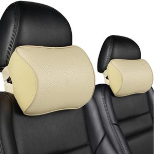 Car Neck Pillow Soft Memory Foam Leather Headrest for Driving Home Office Beige (Pack of 2)