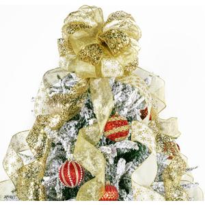 Gold Glitter Christmas Tree Topper Bow 11 Inch with 6 Ribbon Tails 3 Yards Long Wired Ribbon for Holiday Easy Style Party Decoration