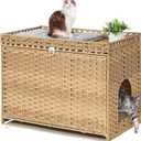 Cat Litter Box Enclosure with Soft Litter Mat; Hidden Cat Washroom Furniture with Door; Handwoven Rattan Kitten House with Large Space; Pet Crate for Living Room, Bedroom, Balcony (Natural)