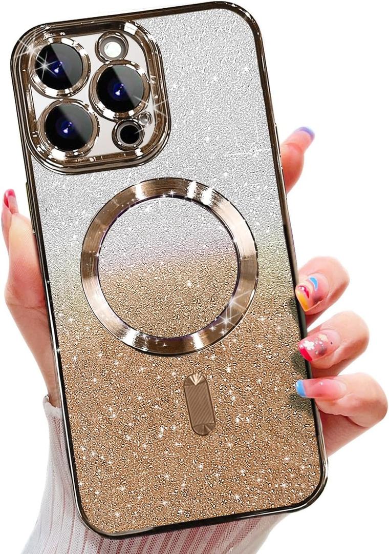 Misscase for iPhone 15 Pro Magnetic Glitter Case Compatible with MagSafe,Camera Lens Protector Full Protection Elegant Anti-Scratch Dust-Proof Net Case Cover for iPhone 15 Pro Gold