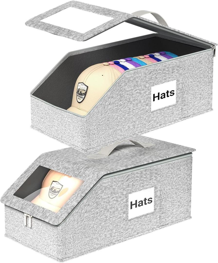 Hat Organzier for Baseball Caps - 2 PCS Stackable Hat Storage Holder Holds up to 26 Caps for Closet, Dust-Proof Hat Boxes Container with Clear Window for Home, Light Grey