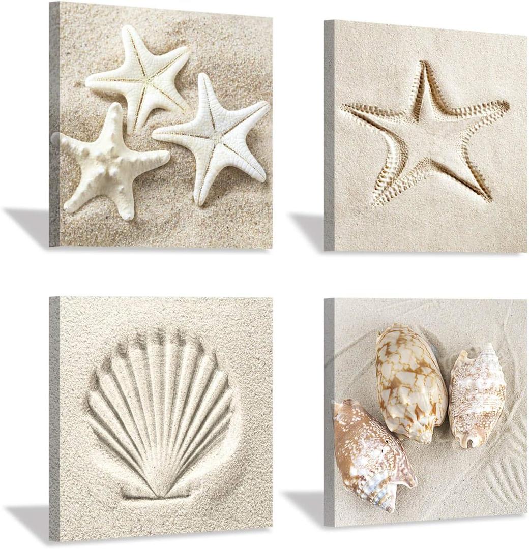 Hardy Gallery Coastal Serene Canvas Wall Art: Shells on Beach Sand Giclee Print Painting for Wall Decor for SPA Room (12''x12''x4pcs), 12" x 12" x 4panels