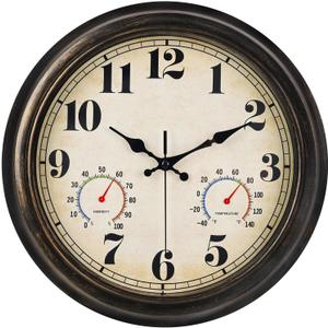 zyzamay 13 Inch Outdoor Clock with Thermometer and Hygrometer, Waterproof and Silent, Large Easy-to-Read Numbers, Ideal for Bedroom,Office,Living Room,Porch,Garden,Pool(BlackGold)