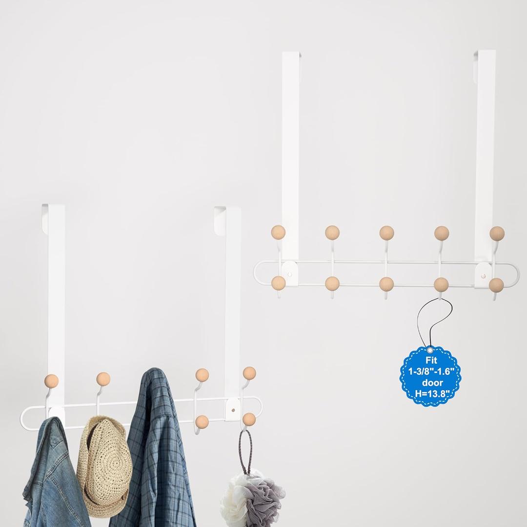 2 Pack Over The Door Hooks(13.8" H) with 10 Wooden Knobs, Over Door Hanger, Heavy Duty No Drill Hanger for Towels, Coats, Hats, Bags in Bathroom, Bedroom, Kitchen, Living Room