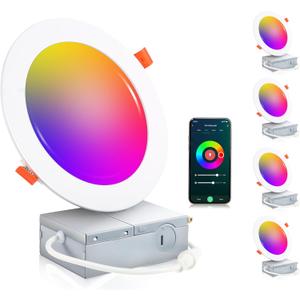 CLOUDY BAY [4 Pack 6inch Smart WiFi LED Recessed Lights,RGBCW Color Changing Recessed Lighting,Compatible with Alexa and Google Home Assistant,No Hub Required,15W 2700K-6500K,CRI90+ Wet Location (White)