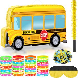 Jenaai School Bus Piata Back to School Decor Kit with 36 Pcs Ready to Learn Rubber Bracelets Silicone Wristbands for Classroom Decorations, Kindergarten Supplies, Bus Birthday Party Favors