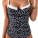 B2prity Women's Underwire One Piece Swimsuits Tummy Control Bathing Suits Push Up Swim Suit Color Block Swimwear (Medium, Black and White Spots)