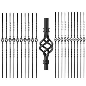 20 Pcs Wrought Iron Balusters, 1/2 Inch Hollow Single Basket Staircase Balusters, Black Metal Spindles for Indoor Railing, Decks, Outdoor