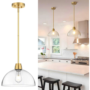 Modern Glass Pendant Light,12 Inch Dome Gold Pendant Lights Fixture with Clear Glass Shade, Blown Glass Ceiling Hanging Lighting for Kitchen Island Dining Room Bathroom Bar Restaurant