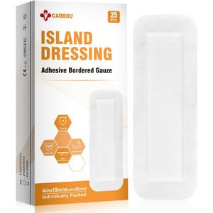 Carbou Island Dressing Bordered Gauze 4"x10" - 25 Sterile Individually Wrapped Pads | Non-Stick Center with Water-Resistant Adhesive Border | Medical Grade Non-Woven Backing for Wound Care & First Aid