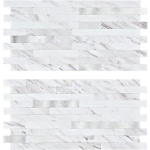 Midcard 20 Sheet Peel and Stick Backsplash, White Marble PVC Wall Tile for Kitchen Backsplash (White Marble With Metallic Silver)