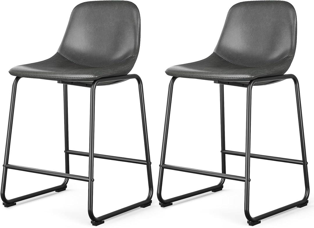 Rfiver Pu Faux Leather Bar Stools Set of 2, Industrial Pub Barstools with Back and Footrest, Modern Armless Bar Height Stool Chairs (Grey, 24" Counter Chair x2)