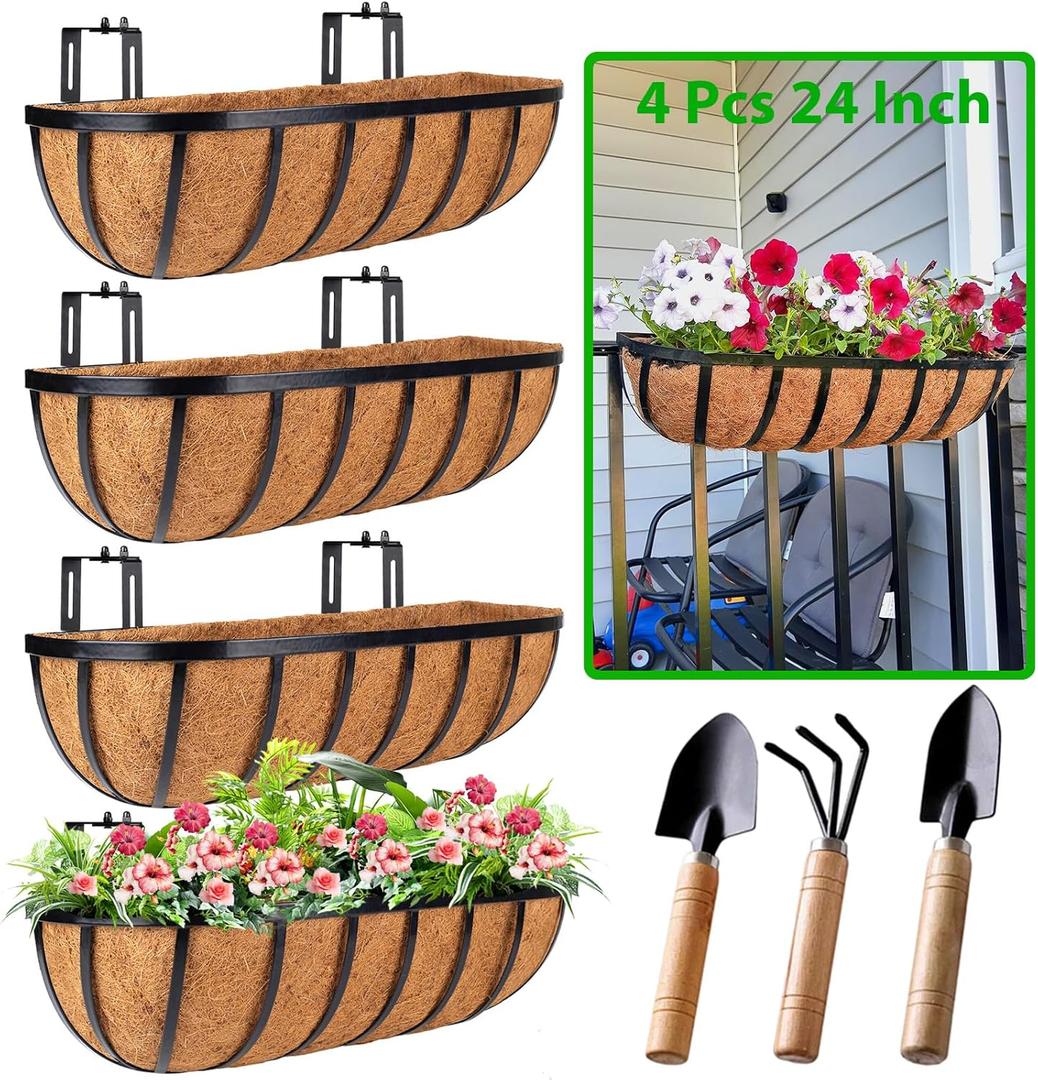 HKZ Deck Balcony Railing Planter Window Boxes - 4 Pack 24 Inch Planter Box, Balcony Planters Railing Hanging, Window Boxes Outdoor Fence Planters