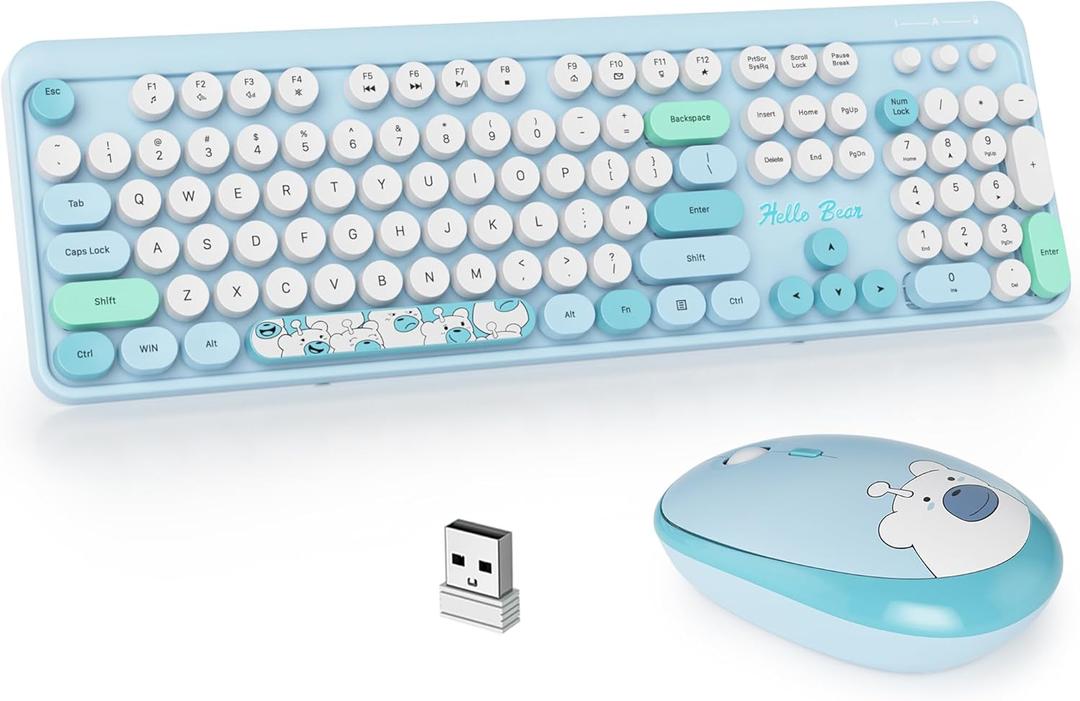 GTSP Typewriter Wireless Keyboard Mouse Combo, Cute 2.4G Office Full-Sized Retro Keyboard with Round Keycaps for Laptop PC DesktopsBlue