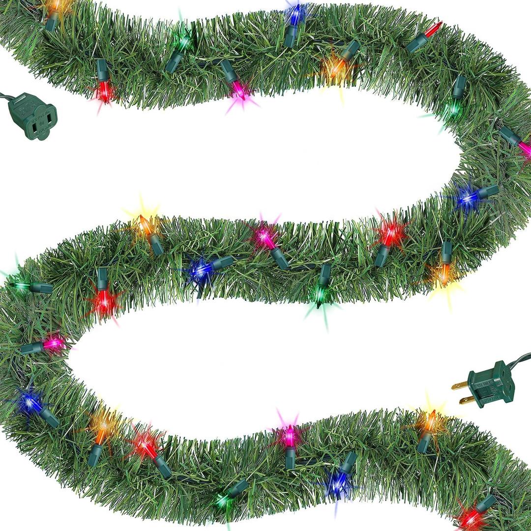 Biswing 15 FT Pre-lit Christmas Green Garland, Lighted Artificial Pine Garlands with 35 Count Multicolor Lights, Connectable & Light Up for Indoor Outdoor Gate Home Winter Holiday New Year Decor