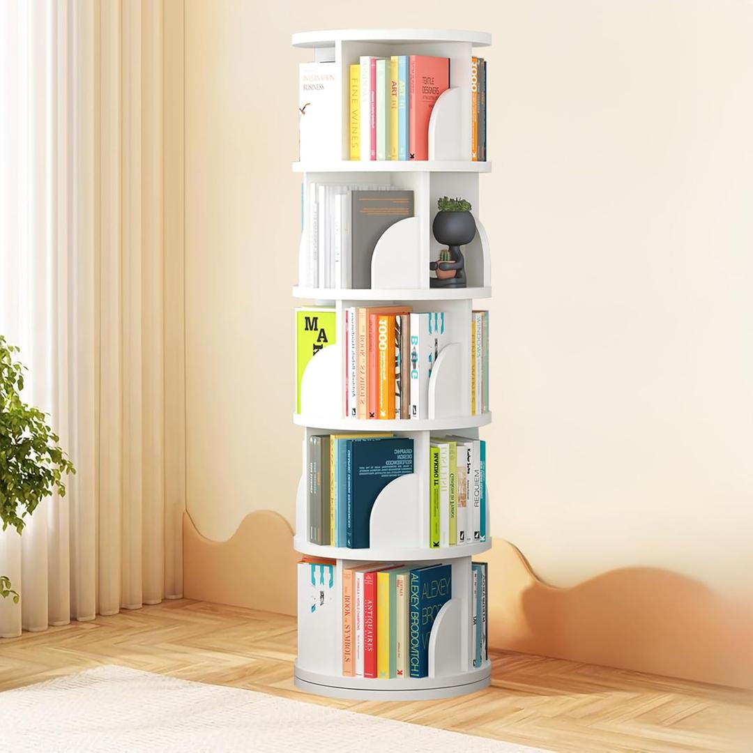 jaheli Rotating Bookshelf Tower, Spinning Bookshelf with 360 Rotation, 5 Tier Wooden Rotating Book Shelf for Kids Rooms, Living Room, Office (White, 5 Tier)