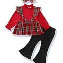 XUANHAO Baby Girl Clothes 12-18 Months Fall Winter Infant 12 Month Girl Clothes Christmas Outfits for Girls 18 Months Cute Long Sleeve Red Plaid Ruffle Bow Knot Tops Flare Pants Set+Headband 3PCS