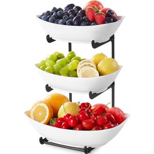 Lifewit Plastic Fruit Bowl Basket for Kitchen Countertop, 3 Tier Fruit Holder with Black Metal Stand, Serving Tray for Food, Vegetable, Cake, Dessert in Party