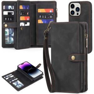 TwoHead Designed for iPhone 14 Pro Wallet Case with Card Holder Detachable Magnetic Phone Case PU Leather Wallet Phone Case Case Wallet for Women/Men with Wrist Strap(Black)