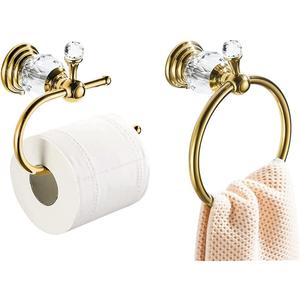 WOLIBEER Crystal Towel Ring, Gold Toilet Paper Holder Hand Towel Holder Towel Hook Tissue Roll Paper Holder Wall Mounted Towel Hanger 2 Pieces Sets
