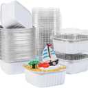 50 Pcs Mini Square Baking Cups with Lids,5oz Aluminum Foil Mini Cake Pans with Lids, Disposable Ramekins Cake Pans,150ml Dessert Cups Cupcake Pans for Wedding Birthday Party, White