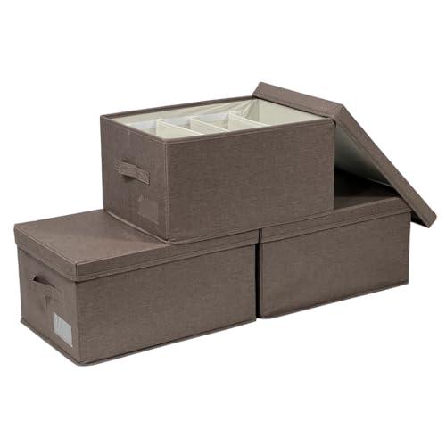 ChicnChill Foldable Closet Storage Box With Adjustable Dividers, Pack 3, Made in Vietnam Drawer Storage Organizer, 17.3x13.4x9.4inch Fiber Bins for Smart Organizing, Durable Oxford Boxes (Brown)