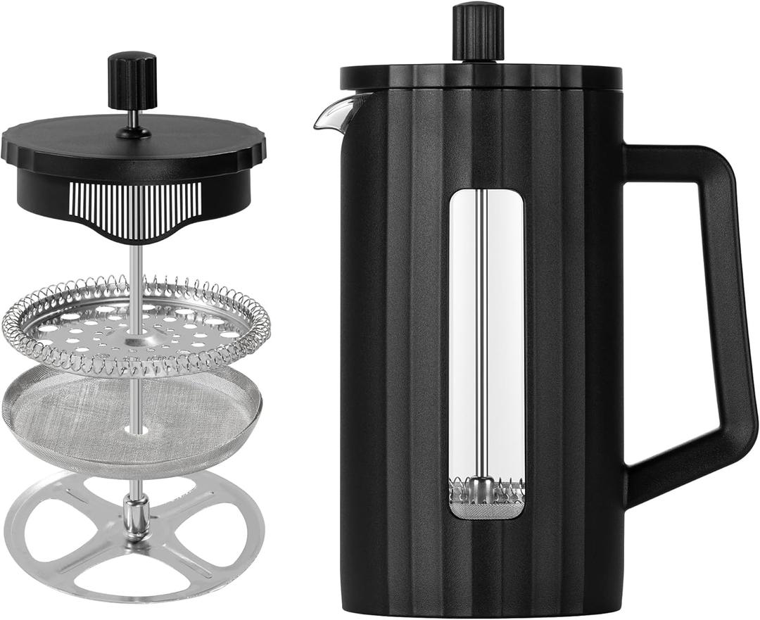 The jze French press, borosilicate glass French press coffee maker, 3 layer stainless steel tea press,34oz large french press, suitable for home, office, kitchen, travel, fashion black