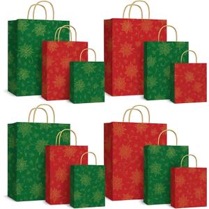 Gilprop 12 Red and Green Christmas Gift Bags Assorted Sizes 15" Extra Large Christmas Poinsettia Bags Bulk Holiday Wrap Decoration Storage Supplies for Home Presents Holiday Party Favors