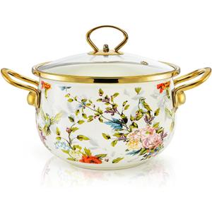 SOUJOY 2.8 Quart Enamel Stockpot with Glass Lid, Vintage Floral Soup Pot, Non-Stick Bean Stew Simmer Pot with Handle for Kitchen, Induction & Gas Stove Safe, Mother's Day, Wedding, Christmas Gift